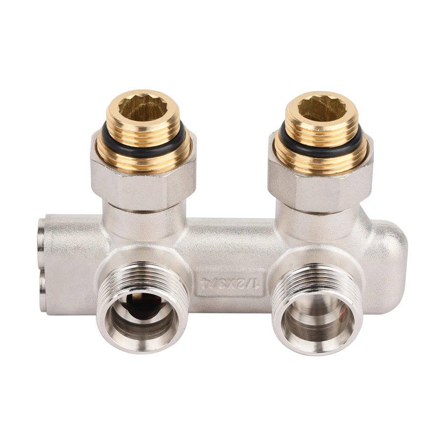 Узел угловой перекрёстный НВ радиаторный со встроенными запорными вентилями, с ниппелями 1/2*3/4Е