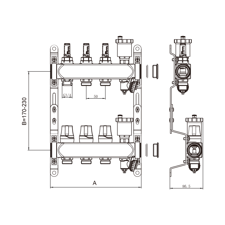 Коллекторная группа 1", 3 ходов, нержавеющий корпус, без кран.