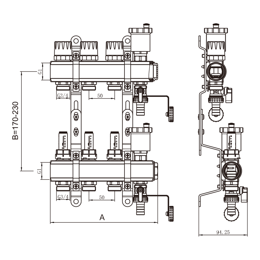 Коллекторная группа 1", 2 ходов, латунный корпус, без кранов
