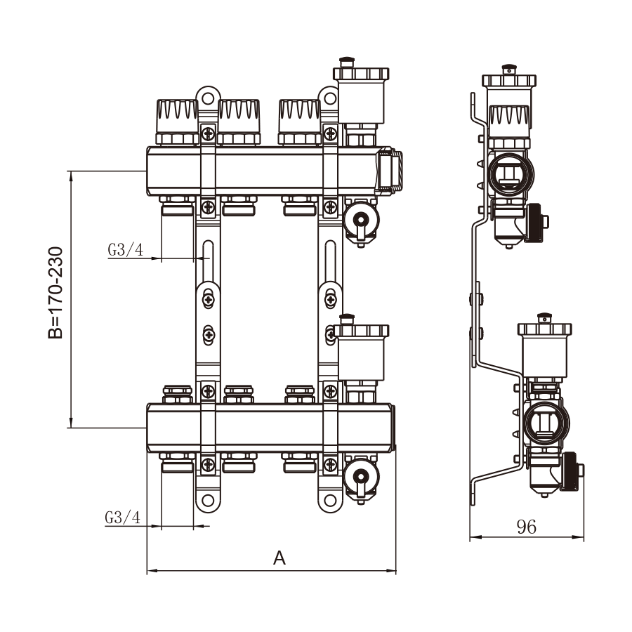 Коллекторная группа 1", 3 ходов, латунный корпус, без расходомера и кранов