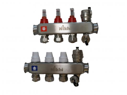 Коллектор стальной для отопления c расходомерами на 3 контура с еврoконусами d16 (2.0) HSW2003e
