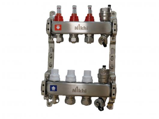 Коллектор стальной для отопления c расходомерами на 3 контура с еврoконусами d16 (2.0) HSW2003e