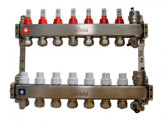 Коллектор стальной для отопления c расходомерами на 7 контуров с еврoконусами d16 (2.0) HSW2007e