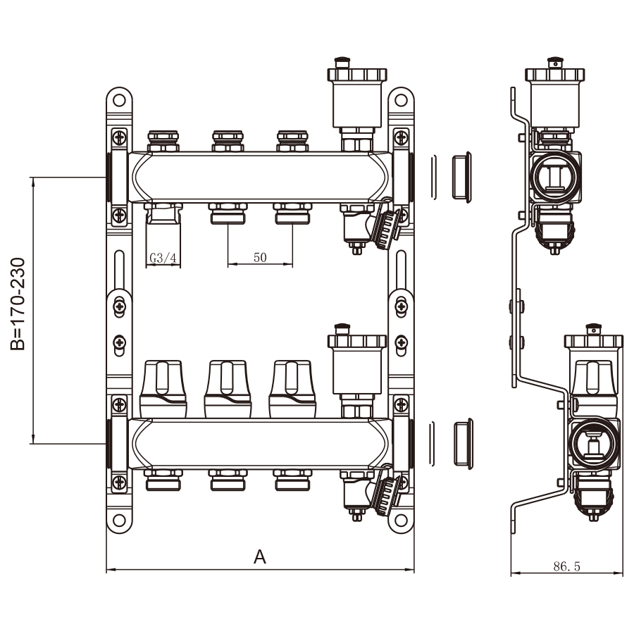Коллекторная группа БЕЗ расходомеров "КВАДРАТ", из нержавеющей стали, 1", 2 хода, KBS5002