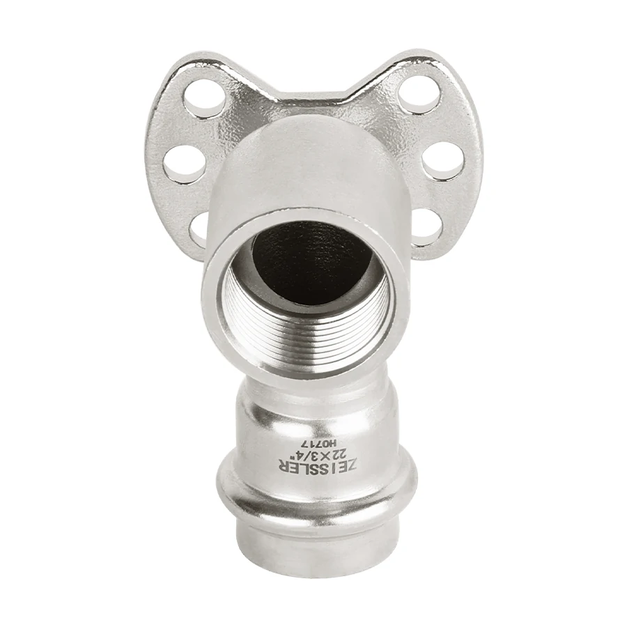 Пресс-угольник из нержавеющей стали с переходом на внутреннюю резьбу и креплением (водорозетка) 22*3