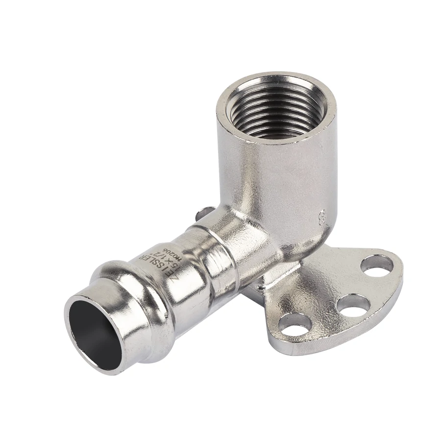 Пресс-угольник из нержавеющей стали с переходом на внутреннюю резьбу и креплением (водорозетка) 22*3