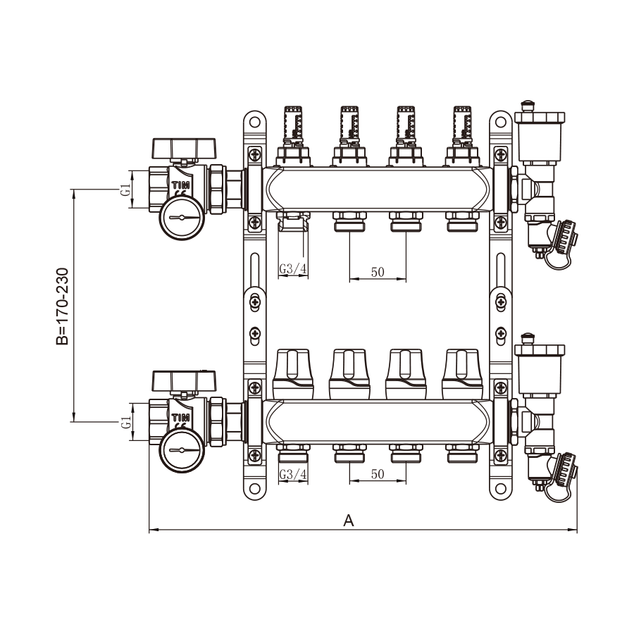 Коллекторная группа 1", 11 ходов, нержавеющий корпус, "КВАДРАТ" с расходомерами