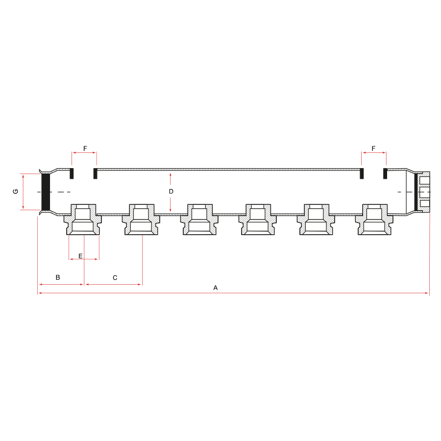 Коллектор из нержавеющей стали с межосевым расстоянием выходов 100 мм, 1*1/2 (2 выхода)